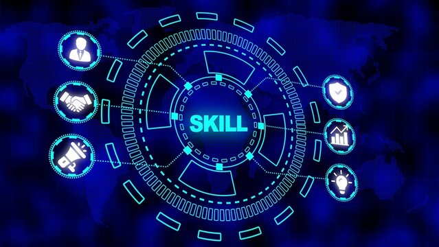 Digital HUD Displaying Skill Development in a Futuristic Global Network Interface ability talent