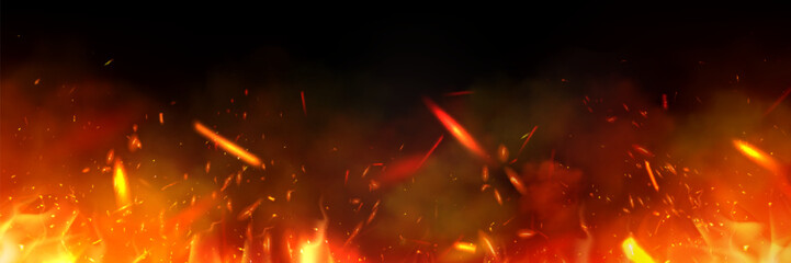 Naklejka premium Realistic fire flames with glowing sparks and smoke effect on black background. Vector illustration of fiery orange and red burning embers, dramatic heat overlay