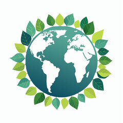 Vector illustration of a green globe surrounded by leaves on a white background, symbolizing Earth Day and environmental conservation.