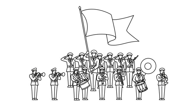 Military Band Marching with Flag and Brass Instruments