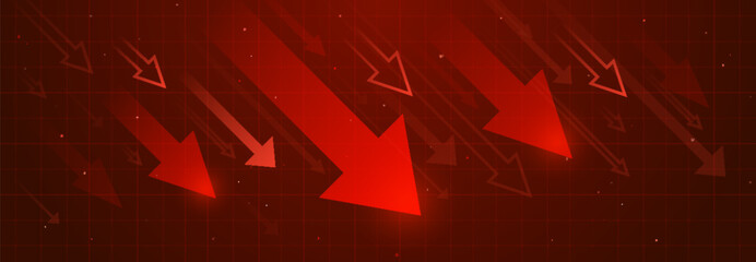 Fototapeta na wymiar Red neon arrows moving down, financial loss abstract vector background. Modern downward graphic, negative market trend, stock recession metrics, and business decrease concept