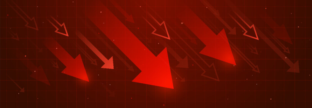 Red neon arrows moving down, financial loss abstract vector background. Modern downward graphic, negative market trend, stock recession metrics, and business decrease concept