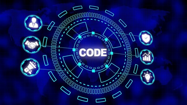 Digital Technology Concept with CODE in Center and Icons Representing Business and Development code
