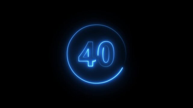 Blue neon number 45-0 countdown animation with glowing circular digital timer ring, futuristic luminous numeric display and modern technology interface background