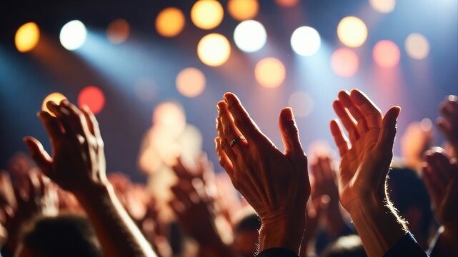 Audience applause with raised hands under stage lights