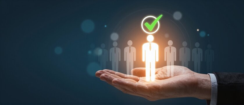 Hand holding glowing person with checkmark, representing selection, recruitment, and talent acquisition