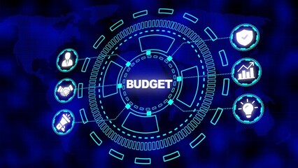 Naklejka premium Futuristic Digital HUD Display Showing Budget Management with Global Network Overlay and Business Icons