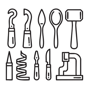 Set of black and white line tools including brushes and a mallet chisel