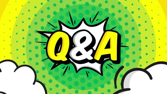 Animated question and answer text on colorful comic cartoon background 