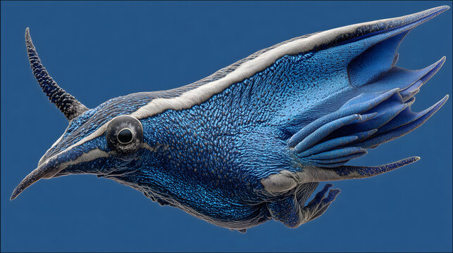 Extreme Macro of Tiny Glaucus atlanticus (Blue Dragon Sea Slug) Floating Upside Down on Ocean Surface, Vibrant Blue and Silver Cerata, Deep Blue Water, Studio-lit on Black Background, Surreal Iridesce