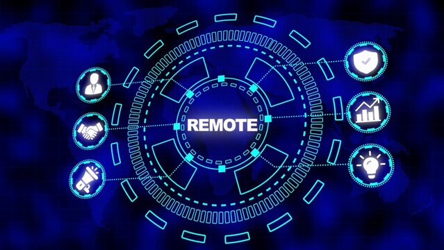 Futuristic Digital Interface Featuring the Word REMOTE Surrounded by Icons Related to Remote Work and Business Operations