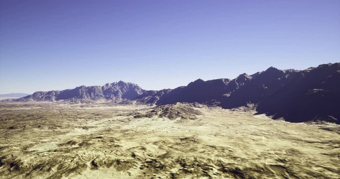 expansive desert plain with jagged mountains, raw rocky foreground and wide arid basin, high contrast light and distant serrated peaks convey scale