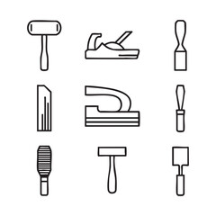 Set of nine black and white woodworking tools in a grid layout hammer