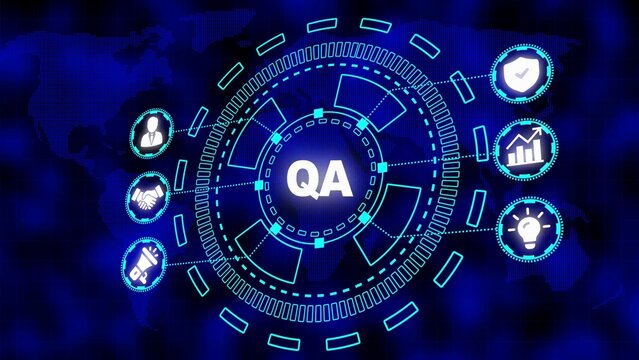 Quality Assurance QA Digital Concept with Central Text and Business Development Icons on a Blue World Map