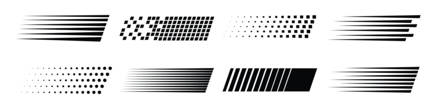 Speed lines and motion blur effect icon set. Fast movement and acceleration graphic symbol. Vector Illustration.