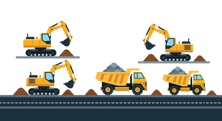 Construction vehicles including excavators and dump trucks working on a site © Anjumanara Rakhi