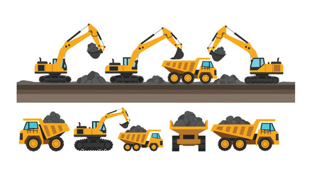 Construction vehicles including excavators and dump trucks are actively working © Anjumanara Rakhi