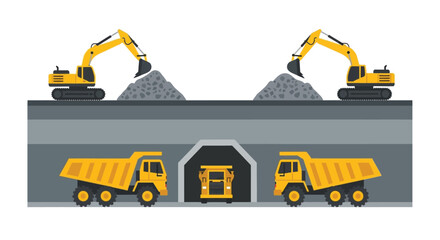 Construction site illustration featuring excavators dump trucks and a tunnel © Anjumanara Rakhi