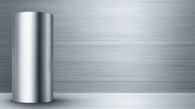 A brushed metallic cylinder standing upright against a textured background