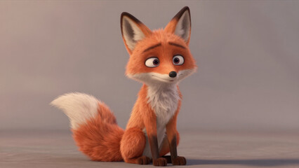 Fototapeta premium Sitting fox with fluffy tail on a clean soft background creating a minimal adorable portrait that emphasizes warm expression gentle colors and simple charm