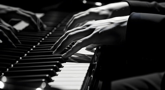 Cinematic black and white close up of hands playing piano keys