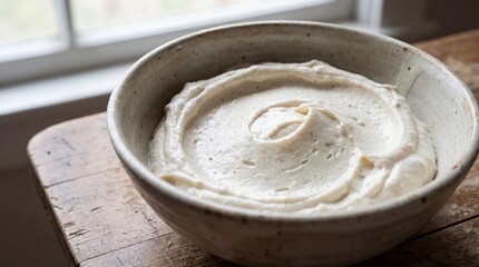 Fototapeta premium Motion of creamy white cosmetic texture smears concept. Creamy, smooth dip in a rustic bowl on a wooden table.