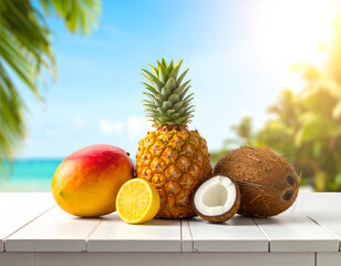 Tropical fruits with pineapple, mango, and coconut on a white wooden table by the beach