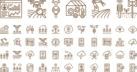 Precision agriculture technology line icon set with drones irrigation sensors greenhouse automation weather monitoring and smart farming © Md Abraham khan adil