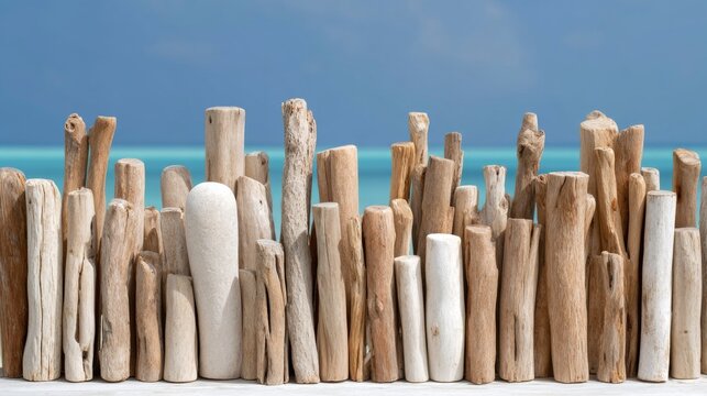 Row of smooth natural driftwood pieces on a beach with ocean background