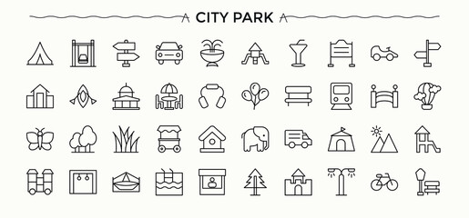 City Park simple icon set. Contains outline symbols like town, recreation, outdoor, urban, house and more. Recreation icon. Line symbol and sign. Editable stroke. Pixel Perfect.