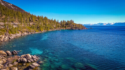 Lake Tahoe, Incline Village, Drone Imagine Landscape of  
Absolutely Gorgous Lake, and ice-capped mountains