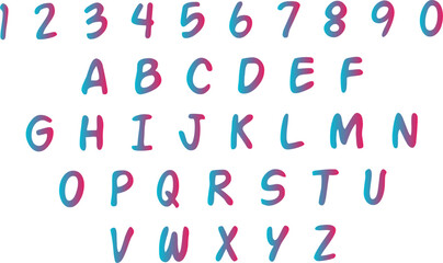 Colorful alphabet and numbers set in playful hand drawn style with vibrant gradient colors