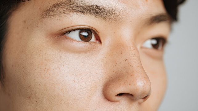 Close up of young person with smooth skin and brown eyes showing natural beauty and calm expression