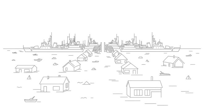 Naval Fleet Docked with Coastal Village, Outline Illustration