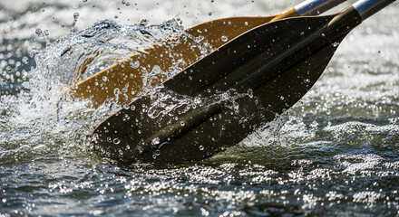 Fototapeta premium Rafting paddles splashing water in a river, adventurous spirit, outdoor activity 