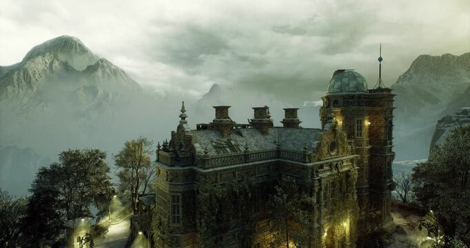 mystical palace roofline in pale mist, ornate spires and domes emerging from low clouds, warm interior glows and ancient craftsmanship visible on cornices,