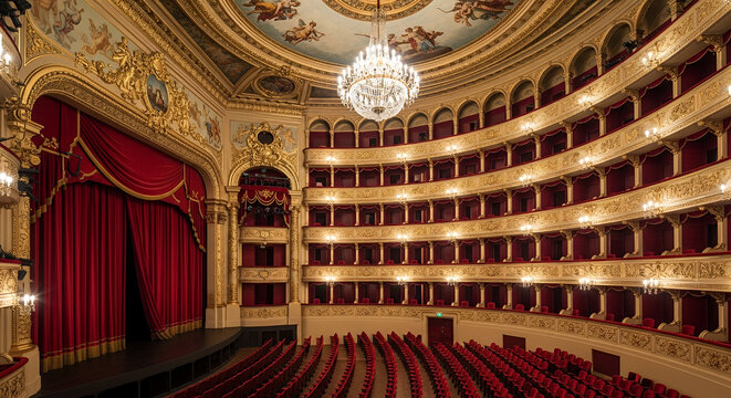 Interior of luxurious opera theatre with ornate ceiling and crystal chandelier