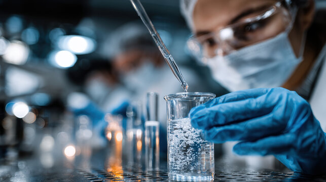 Scientist laboratory experiment glassware pipette chemical research scientist wearing gloves and mask carefully adding liquid