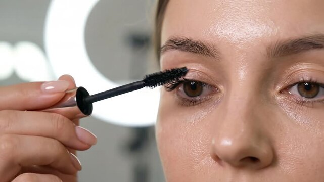 Close-up of a young woman applying mascara to enhance her eyelashes in a bright, well-lit setting featuring a circular light backdrop