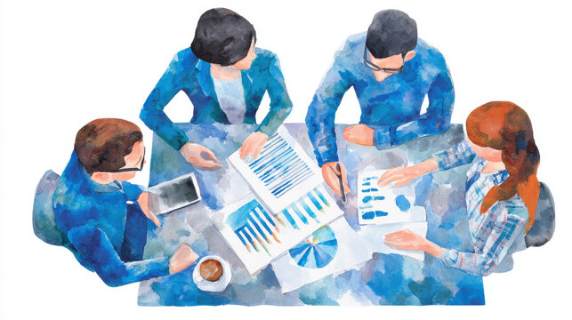 Business meeting with people discussing charts and graphs, teamwork and collaboration in office environment