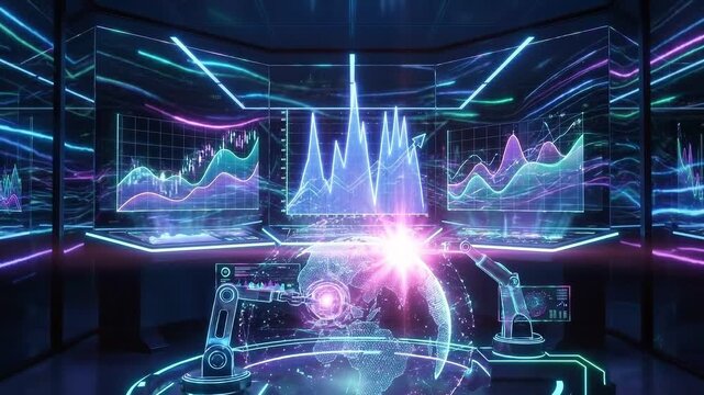 Dynamic visualization of glowing data graphs and interactive holograms in a futuristic environment