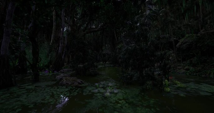 Dense marsh approach with narrow waterway and low moonlight, tangled roots and reed fringes create tunnel effect, damp humid air and subtle wildlife sounds