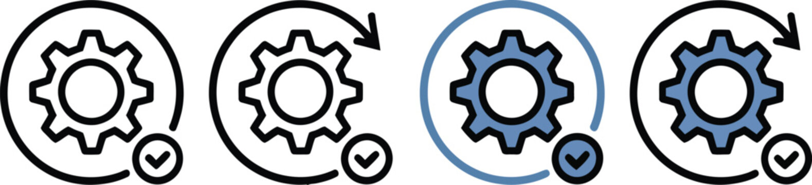 Four icons depicting a gear within a circular arrow and a checkmark.