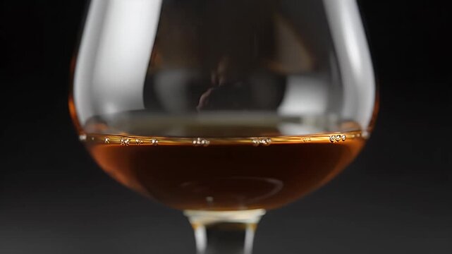 Close Up Amber Brandy in Brandy Snifter Glass with Bubbles Slow Motion