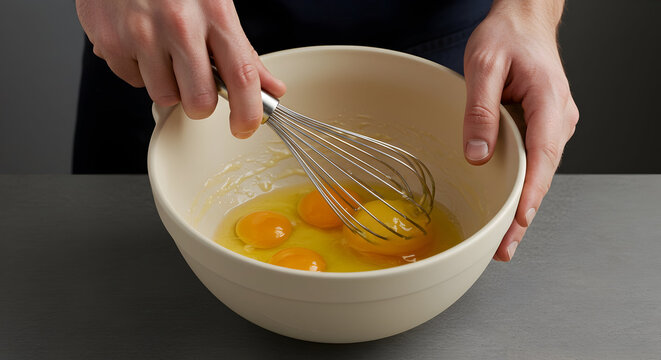 Hands Mixing Fresh Eggs in a Bowl with a Whisk in the Kitchen, Preparing Ingredients for Delicious Cooking or Baking Recipes