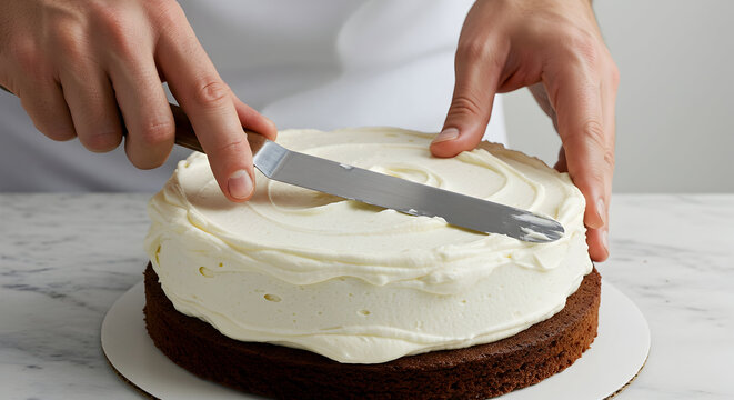 Expert Baker Skillfully Slicing A Delicately Frosted Chocolate Cake Topped With Creamy Vanilla Frosting In A Professional Kitchen Setting