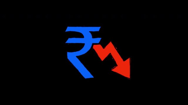 Animated Video 4K Falling Indian Rupee Symbol with Red Downward Arrow Transparent, Hand drawn, red downward pointing arrow, illustrating economic decline, currency depreciation, and financial loss.