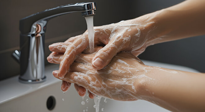 Demonstrating Effective Handwashing Technique To Promote Hygiene And Health While Using Soap And Water At Modern Kitchen Sink