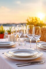 Fototapeta premium Elegant sunset dinner table setting with crystal glassware and white plates