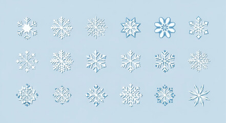 Collection of Various Snowflake Icons on Light Blue Background.